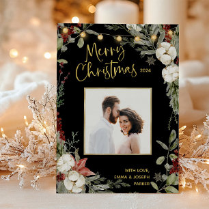 Black Merry Christmas Winter Floral and Photo Holiday Card