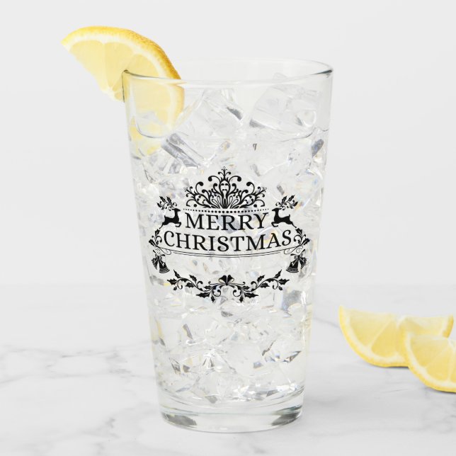 Black Merry Christmas Word Art Glass Tumbler (Front Ice)