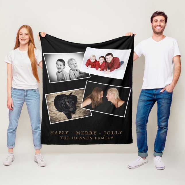 Black Merry Jolly Christmas 4 Family Photo Collage Fleece Blanket (In Situ)