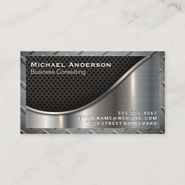 Black Mesh and Metal | Steel Border Business Card (Front)