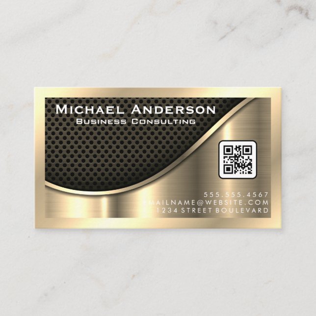 Black Mesh and Metallic Gold | QR Code Business Card (Front)