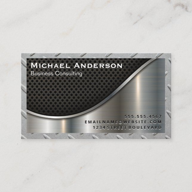 Black Mesh and Metallic | Steel Border Business Card (Front)