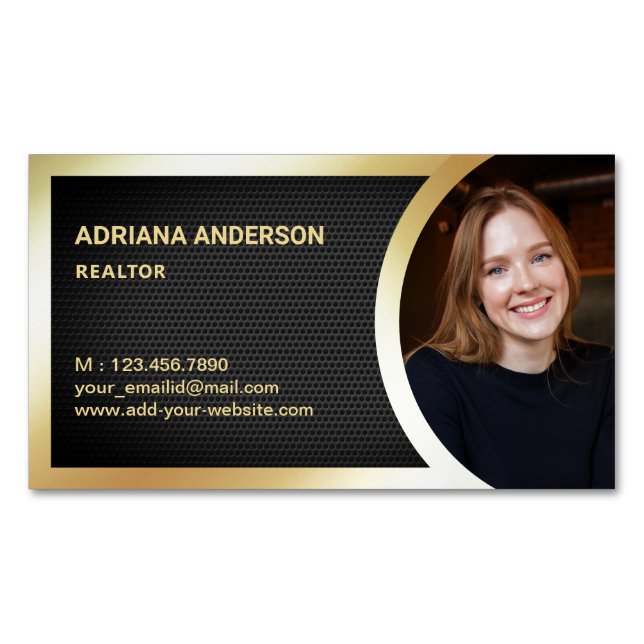 Black Mesh Gold Foil Real Estate Photo Realtor Magnetic Business Card (Front)