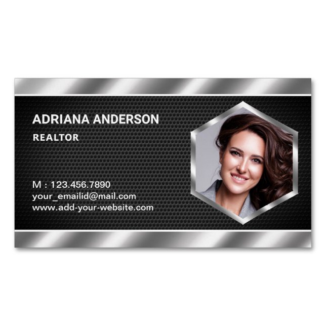 Black Mesh Metallic Real Estate Photo Realtor Magnetic Business Card (Front)