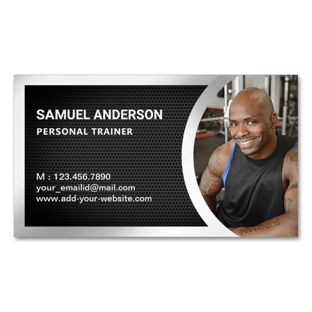 Black Mesh Silver Fitness Personal Trainer Photo Magnetic Business Card (Front)
