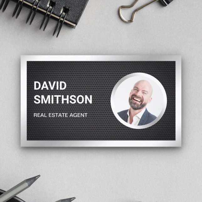 Black Mesh Steel Silver Photo Real Estate Agent Business Card (Creator Uploaded)