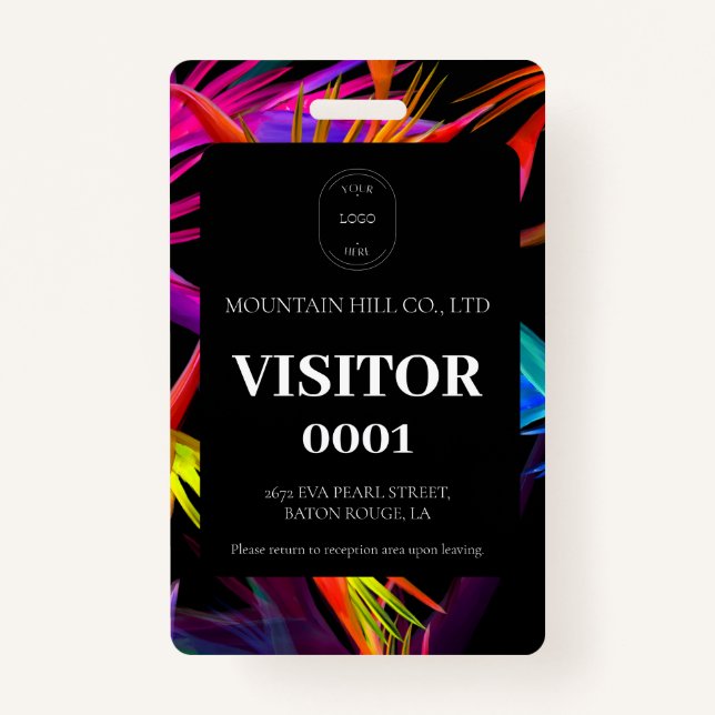 Black Messy Tropical Colourful Visitor Card Badge ID Badge (Front)