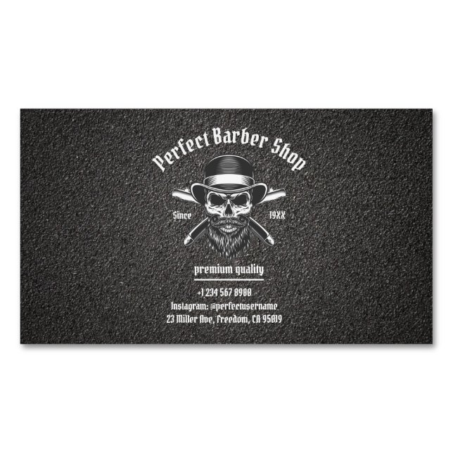 Black Metal Beard Modern Elegant Barber Salon Magnetic Business Card (Front)