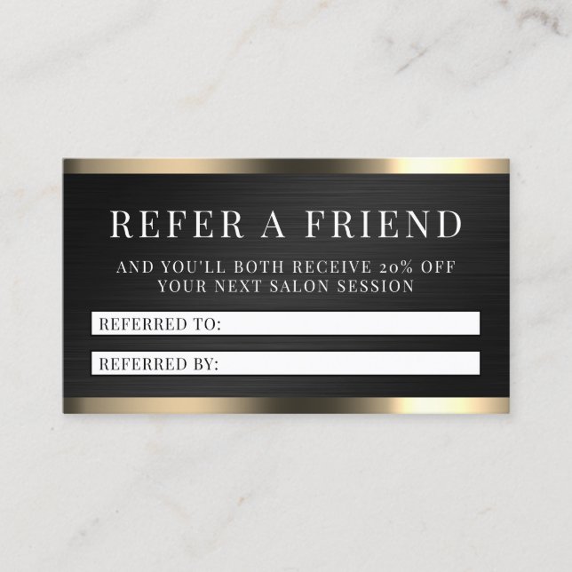 Black metal faux texture elegant referral  business card (Front)