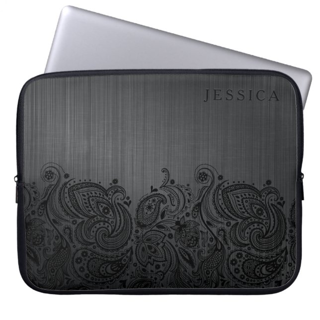 Black Metallic Background & Black Paisley Lace Laptop Sleeve (Front)