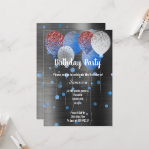 BLACK METALLIC & BLUE BIRTHDAY BALLOON SPOT INVITATION
