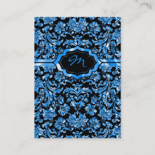 Black & Metallic Blue Floral Damasks Monogramed Business Card