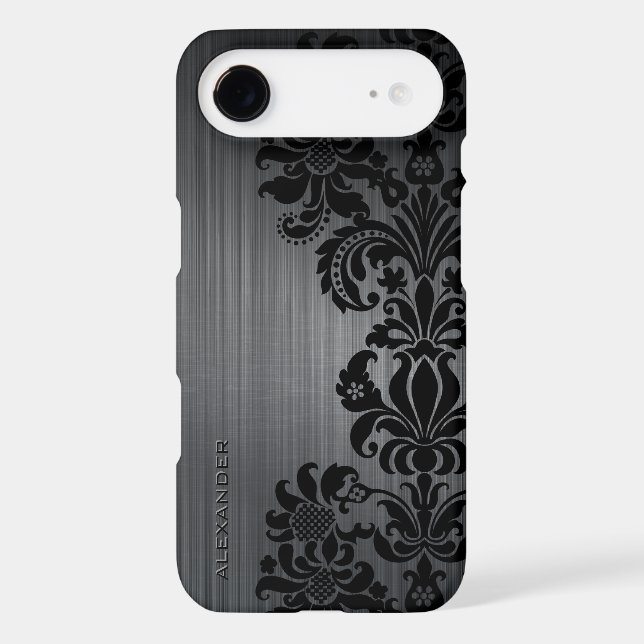 Black Metallic Brushed Aluminium & Floral Damasks Case-Mate iPhone Case (Back)