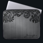 Black Metallic Brushed Aluminium & Floral Damasks Laptop Sleeve<br><div class="desc">Black brushed aluminium metal pattern look and black vintage ornate floral damasks. Custom and optional monogram. Available on other products</div>