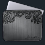Black Metallic Brushed Aluminium & Floral Damasks Laptop Sleeve<br><div class="desc">Black brushed aluminium metal pattern look and black vintage ornate floral damasks. Custom and optional monogram. Available on other products</div>