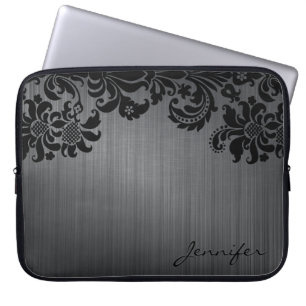 Black Metallic Brushed Aluminium & Floral Damasks Laptop Sleeve