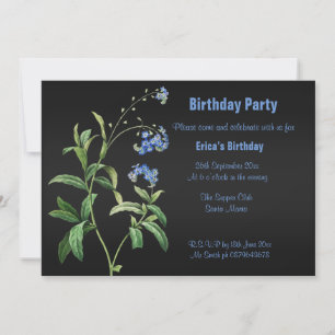 Black metallic elegant blue floral party invite