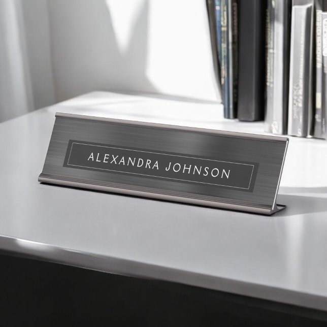 Black Metallic Foil Modern Elegant Business Desk Name Plate (Creator Uploaded)