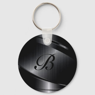 Black Metallic Geometric Design Monogram Keychain