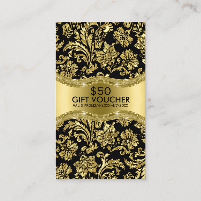 Black Metallic Gold Damasks Gift Voucher Discount Card (Front)
