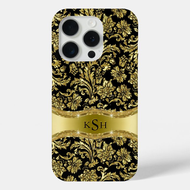 Black & Metallic Gold Floral Damasks Monogramed Case-Mate iPhone Case (Back)