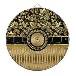 Black & Metallic Gold Floral Damasks & Stripes Dartboard