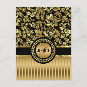 Black & Metallic Gold Floral Damasks & Stripes Postcard