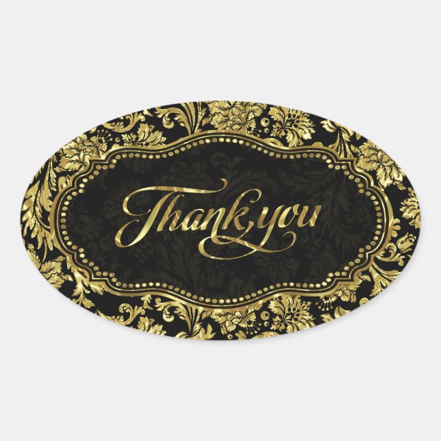 Black & Metallic Gold Floral Damasks Thank You Oval Sticker (Front)