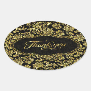 Black & Metallic Gold Floral Damasks Thank You Oval Sticker