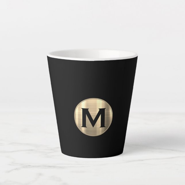 Black Metallic Gold Monogram Latte Mug (Front)