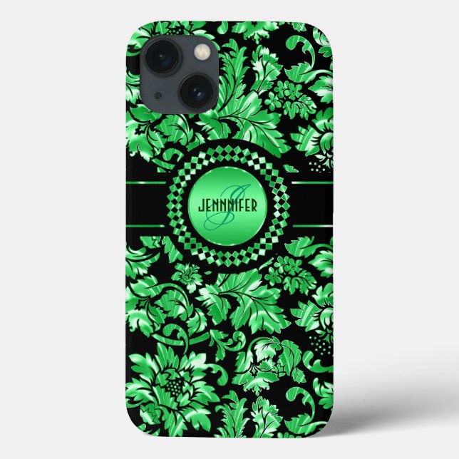 Black & Metallic Green Damask Case-Mate iPhone Case (Back)