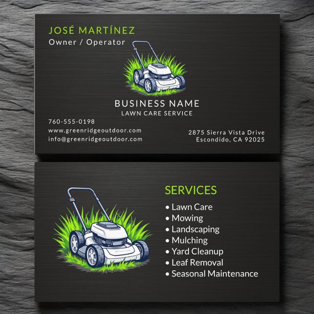 Black Metallic Green Lawn Care Service  Business Card (Creator Uploaded)