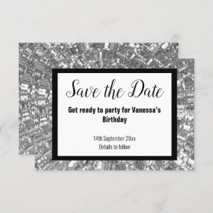BLACK METALLIC PARTY SAVE THE DATE White Announcement