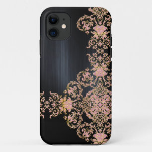 Black Metallic Pink Glitter  Damask iPhone 11 Case