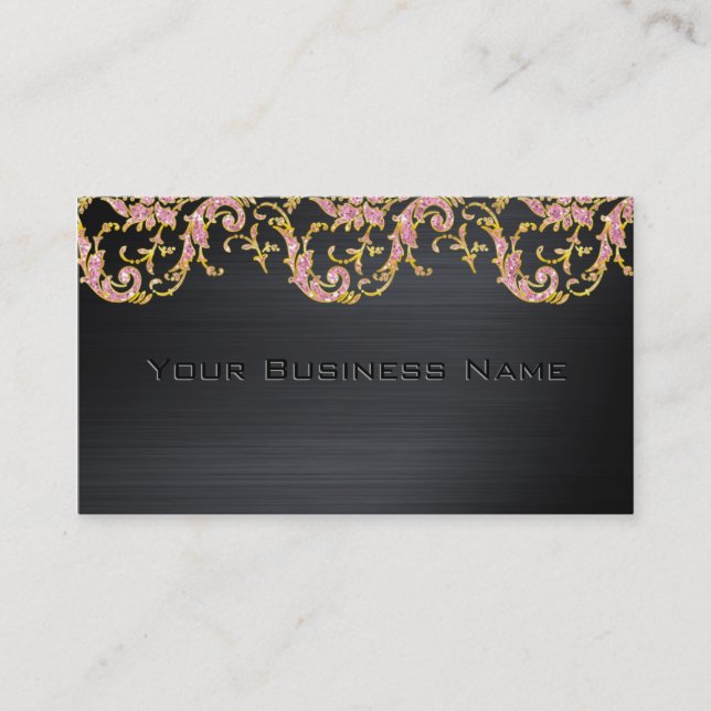 Black Metallic Pink Glitter  Damask  Corporate Business Card (Front)