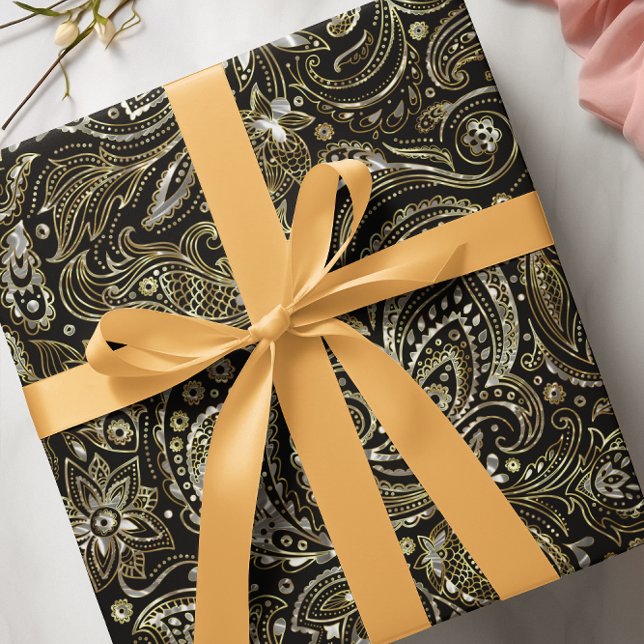 Black & Metallic Silver & Gold Floral Paisley Wrapping Paper (Creator Uploaded)