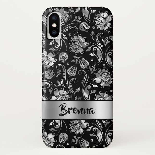 Black & Metallic Silver Grey Damask Pattern Case-Mate iPhone Case (Back)