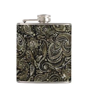 Black & Metallic Silver With Gold Floral Paisley Hip Flask