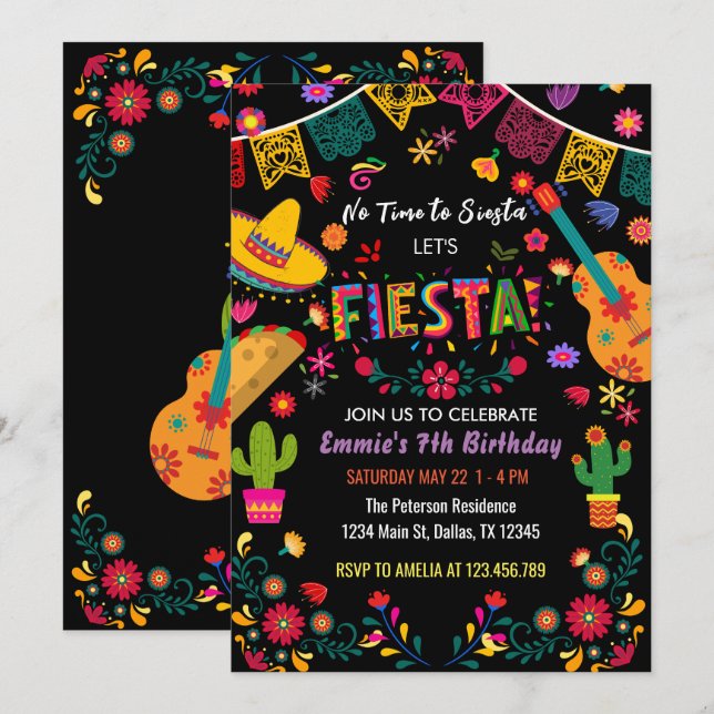 Black Mexican Birthday Party Fiesta, No Siesta  Invitation (Front/Back)