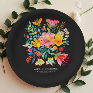 Black Mexican Bright Floral Fiesta Paper Plate