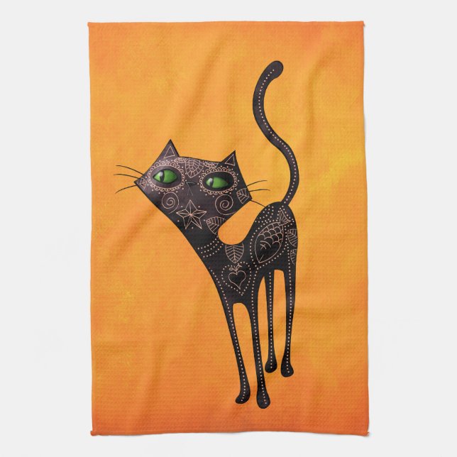 Black Mexican Day of The Dead Cat Tea Towel (Vertical)