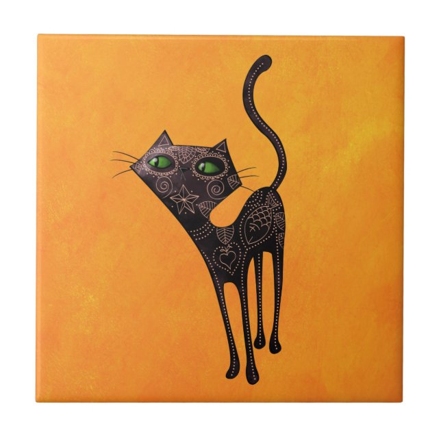 Black Mexican Day of The Dead Cat Tile (Front)