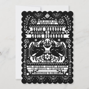 Black Mexican Fantail Doves Papel Picado Wedding Invitation