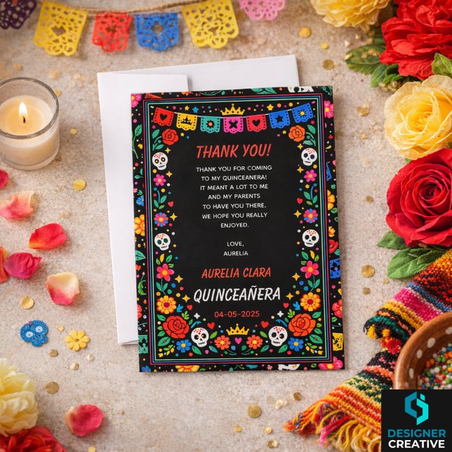 Black Mexican Fiesta Floral Gold Tiara Quinceañera Thank You Card (Black Mexican Fiesta Floral Gold Tiara Quinceañera Thank You Card)