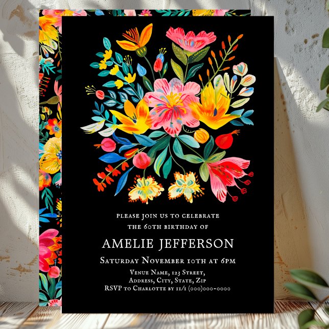 Black Mexican Fiesta Floral Theme Birthday  Invitation (Creator Uploaded)