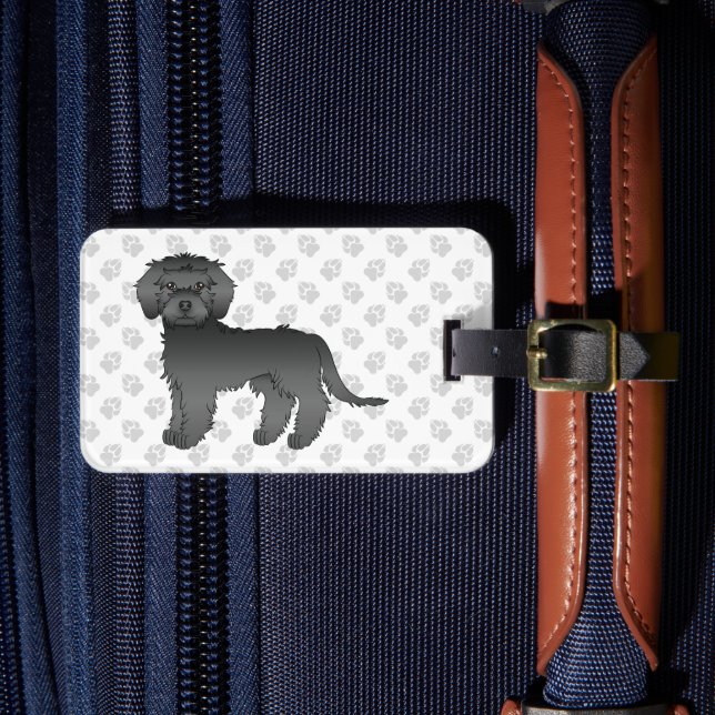 Black Mini Goldendoodle Cartoon Dog Luggage Tag (Front Insitu 4)