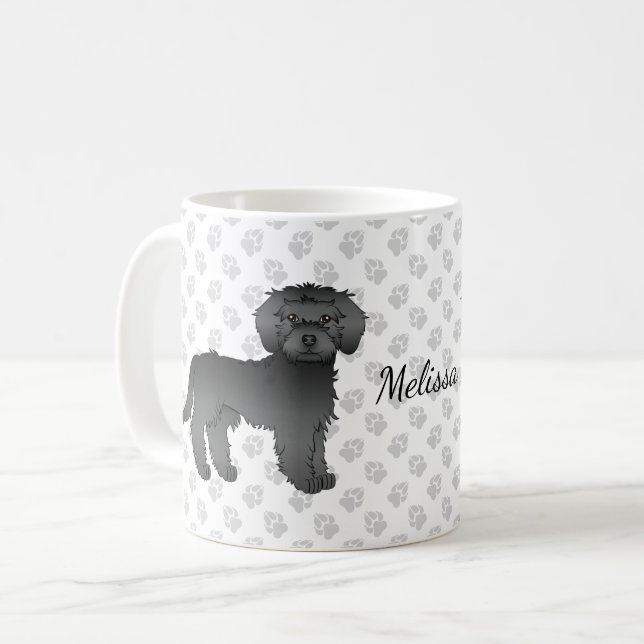 Black Mini Goldendoodle Cartoon Dog & Name Coffee Mug (Front Left)