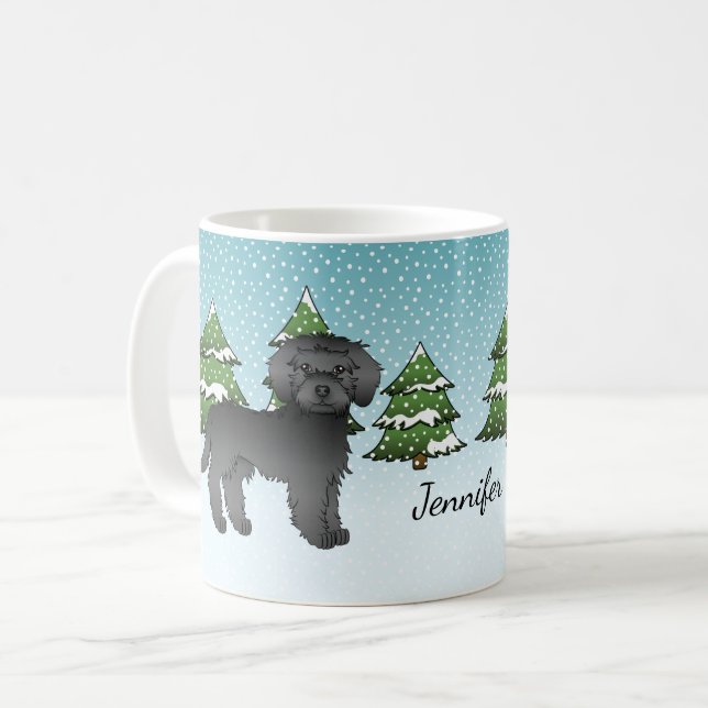 Black Mini Goldendoodle Dog In A Winter Forest Coffee Mug (Front Left)