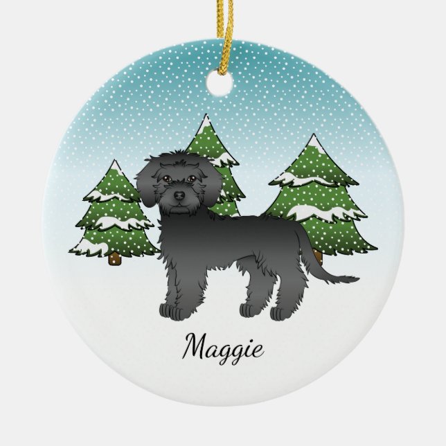 Black Mini Goldendoodle - Winter Forest & Name Ceramic Tree Decoration (Front)