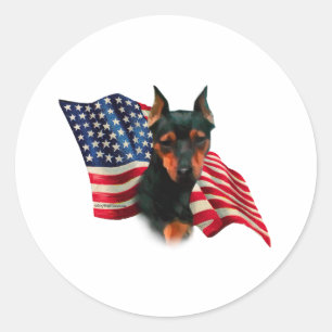 Black Miniature Pinscher American Flag; Min Pin Classic Round Sticker